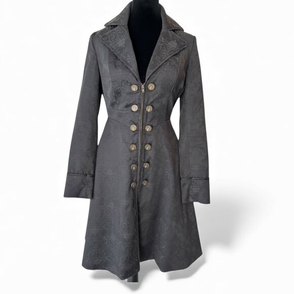 Hot Topic Once Upon a Time Captain Hook Black Jacquard Flare Coat Red Lined SZ S - Picture 2 of 14